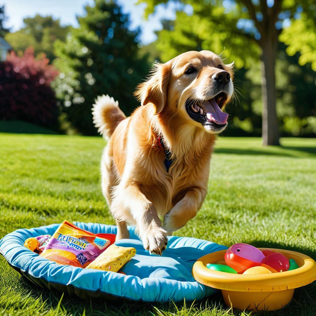 A joyful golden retriever playing fetch in a sunny park, surrounded by various pet wellness items like healthy treats, toys, and a fresh water bowl. Nearby, a content cat lounges on a soft blanket with some plants and cozy pet beds in the background. The scene should evoke happiness and a nurturing environment for pets. vibrant colors. super-realistic. warm and inviting atmosphere.