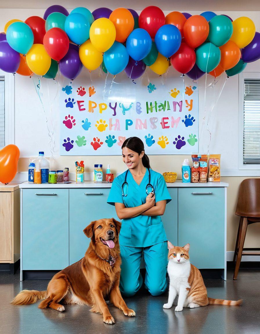 A heartwarming scene featuring a smiling veterinarian interacting with a happy dog and cat, surrounded by colorful pet care products and healthy treats. The background should depict a bright, inviting veterinary clinic with playful elements like paw prints and balloons, conveying a sense of joy and companionship. The overall composition should evoke feelings of happiness and trust in pet care. vibrant colors. super-realistic.
