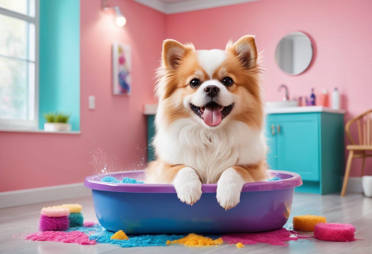 A heartwarming scene featuring a vibrant pet grooming salon with dogs and cats being pampered—one dog getting a bath, a cat being brushed, and a pet nutrition station with colorful food bowls. The background includes joyful pet owners observing their pets' transformations, surrounded by bright colors and playful decor. The atmosphere conveys a sense of care, love, and well-being for pets. super-realistic. vibrant colors. 3D.